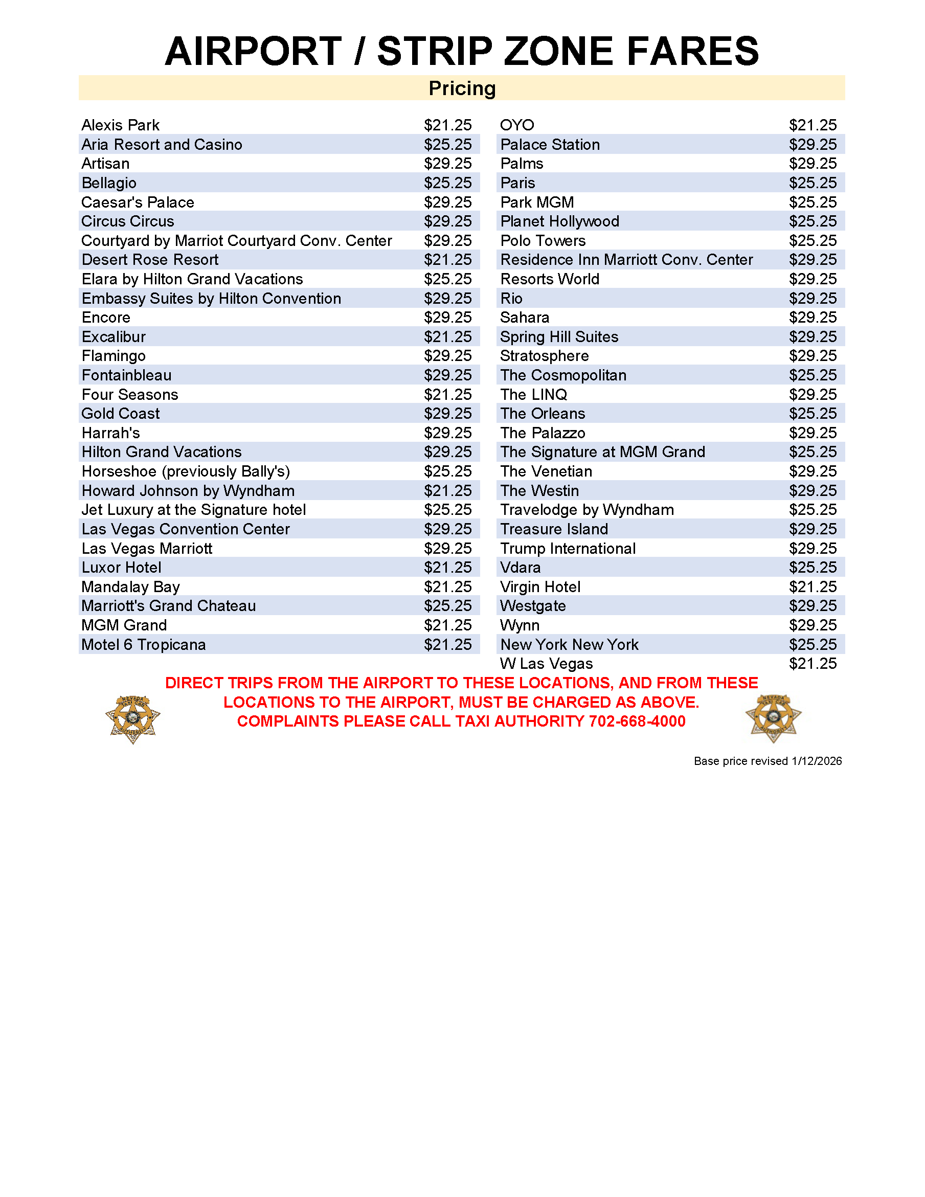 Airport to Strip/ Strip to Airport Zones Fares