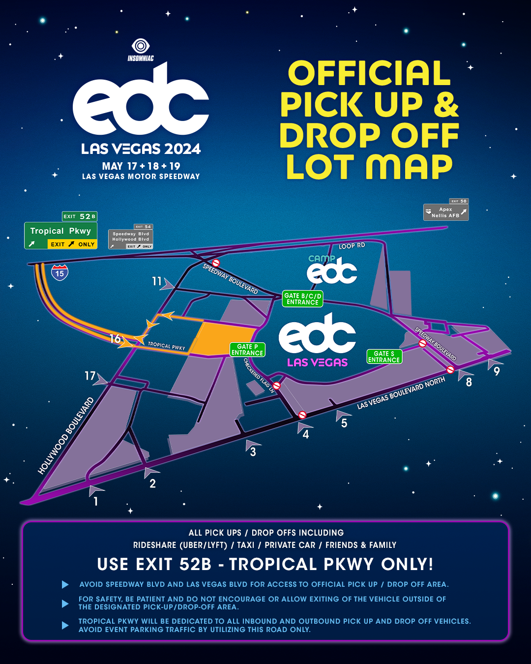 EDC 2024 official pick ip and drop off lot map. 